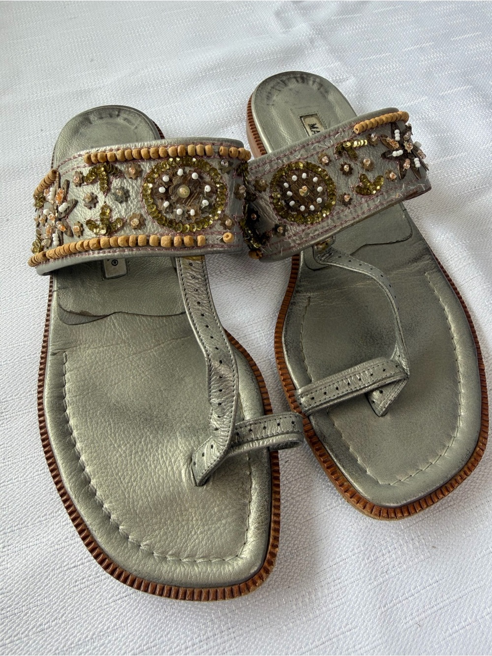 Manolo Blahnik Metallic Silver Beaded Leather Sandals Size 35.5